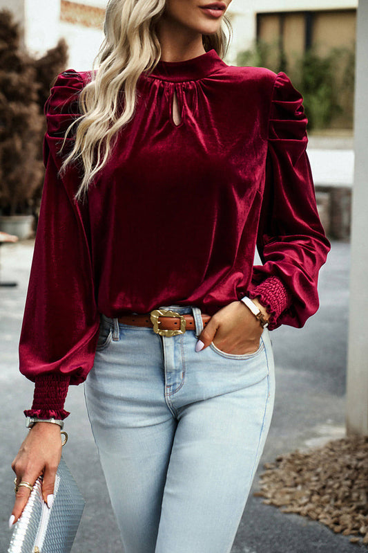 Fiery Red Mock Neck Puff Sleeve Velvet Blouse - Great Hall Collections House