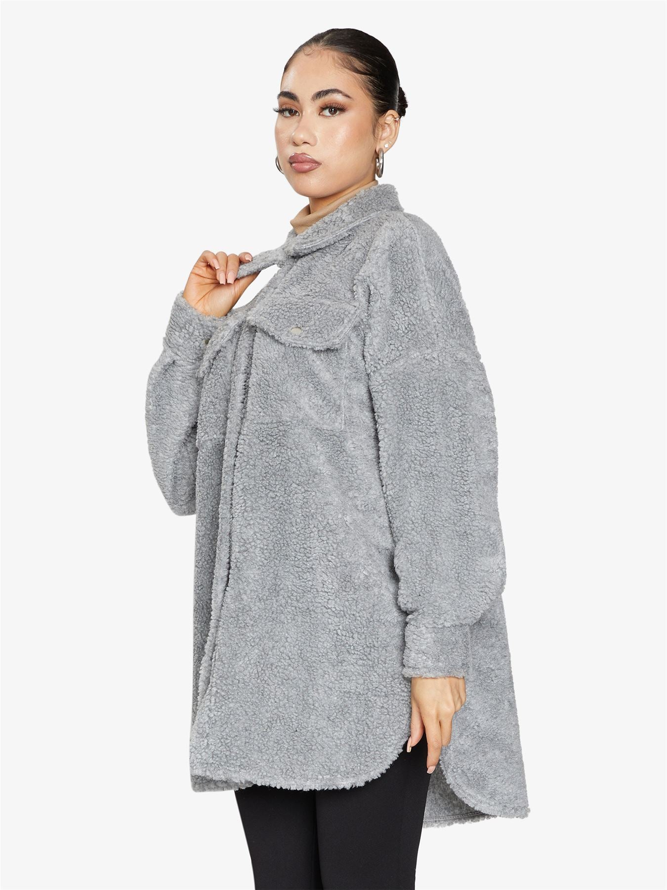 Oversized Stud Button Borg Teddy Shacket            made in UK - Great Hall Collections House