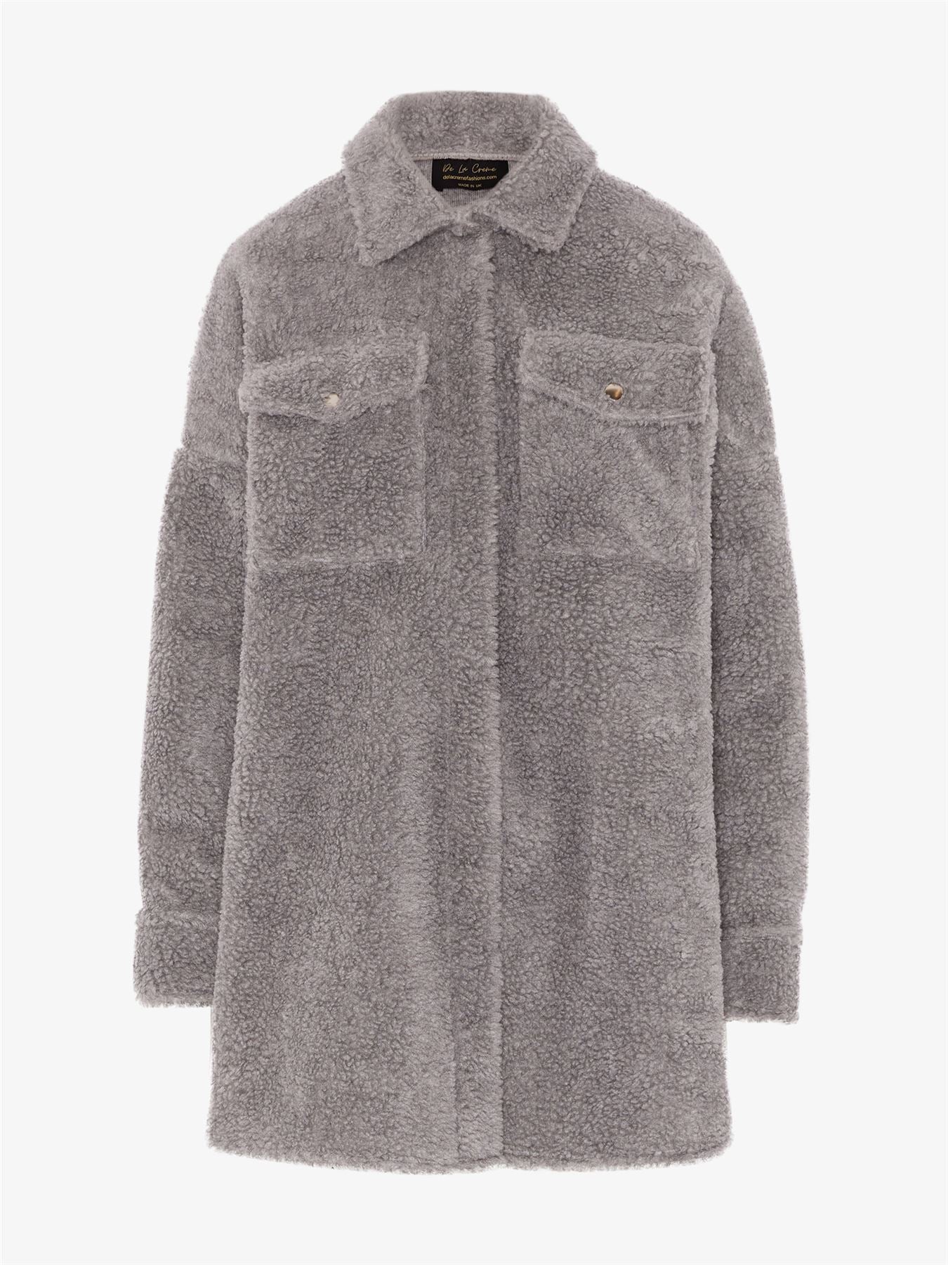 Oversized Stud Button Borg Teddy Shacket            made in UK - Great Hall Collections House