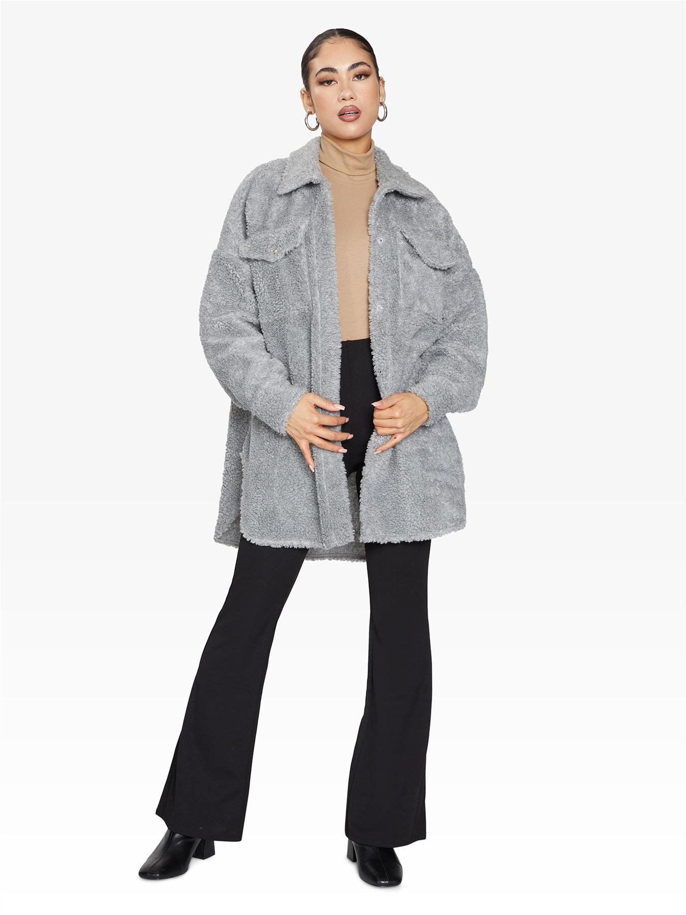 Oversized Stud Button Borg Teddy Shacket            made in UK - Great Hall Collections House