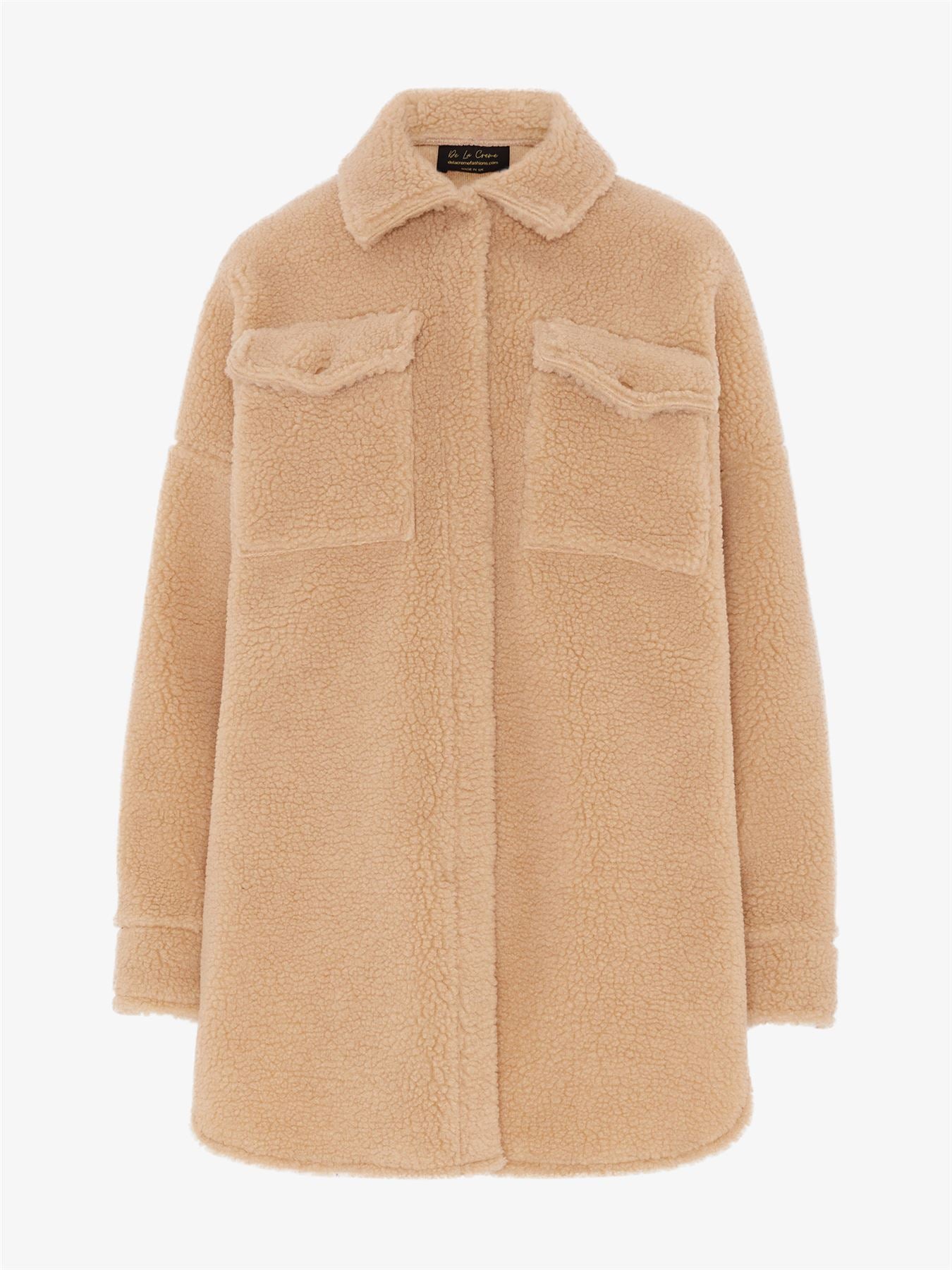 Oversized Stud Button Borg Teddy Shacket            made in UK - Great Hall Collections House