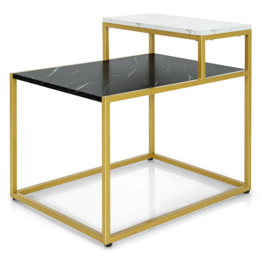 2 Tier End Side Table with Metal Frame and Storage Shelf for Living Room-White