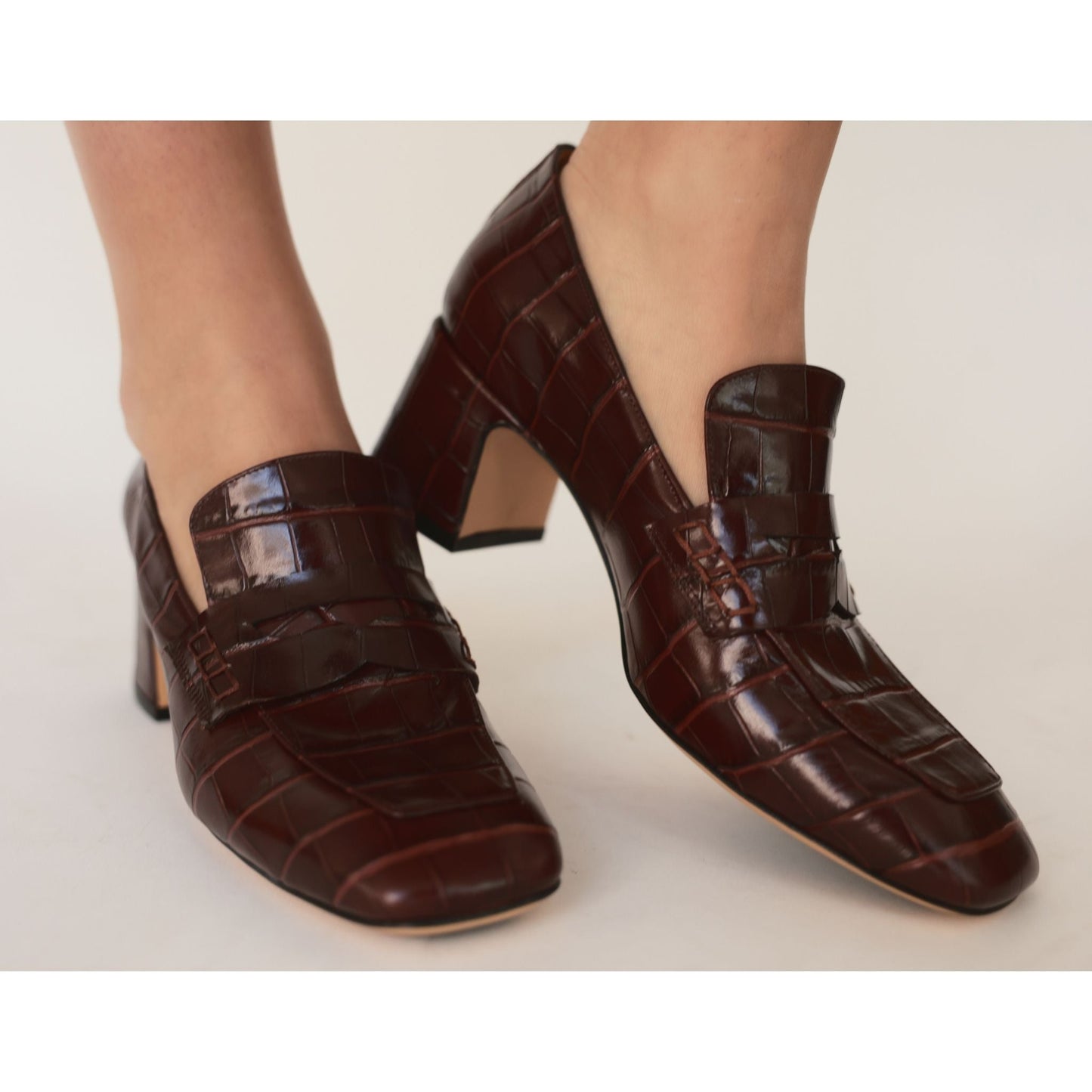 Black Leather Heel Moc Croc Leather Loafer