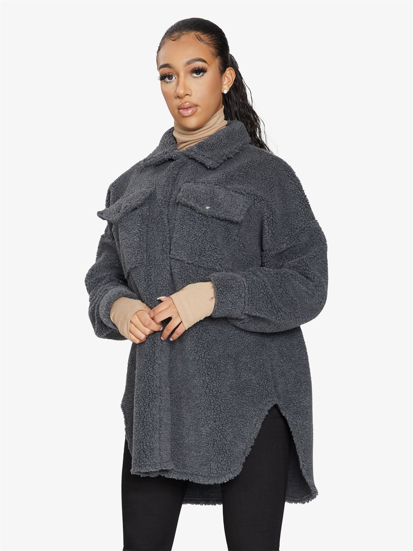 Oversized Stud Button Borg Teddy Shacket            made in UK - Great Hall Collections House