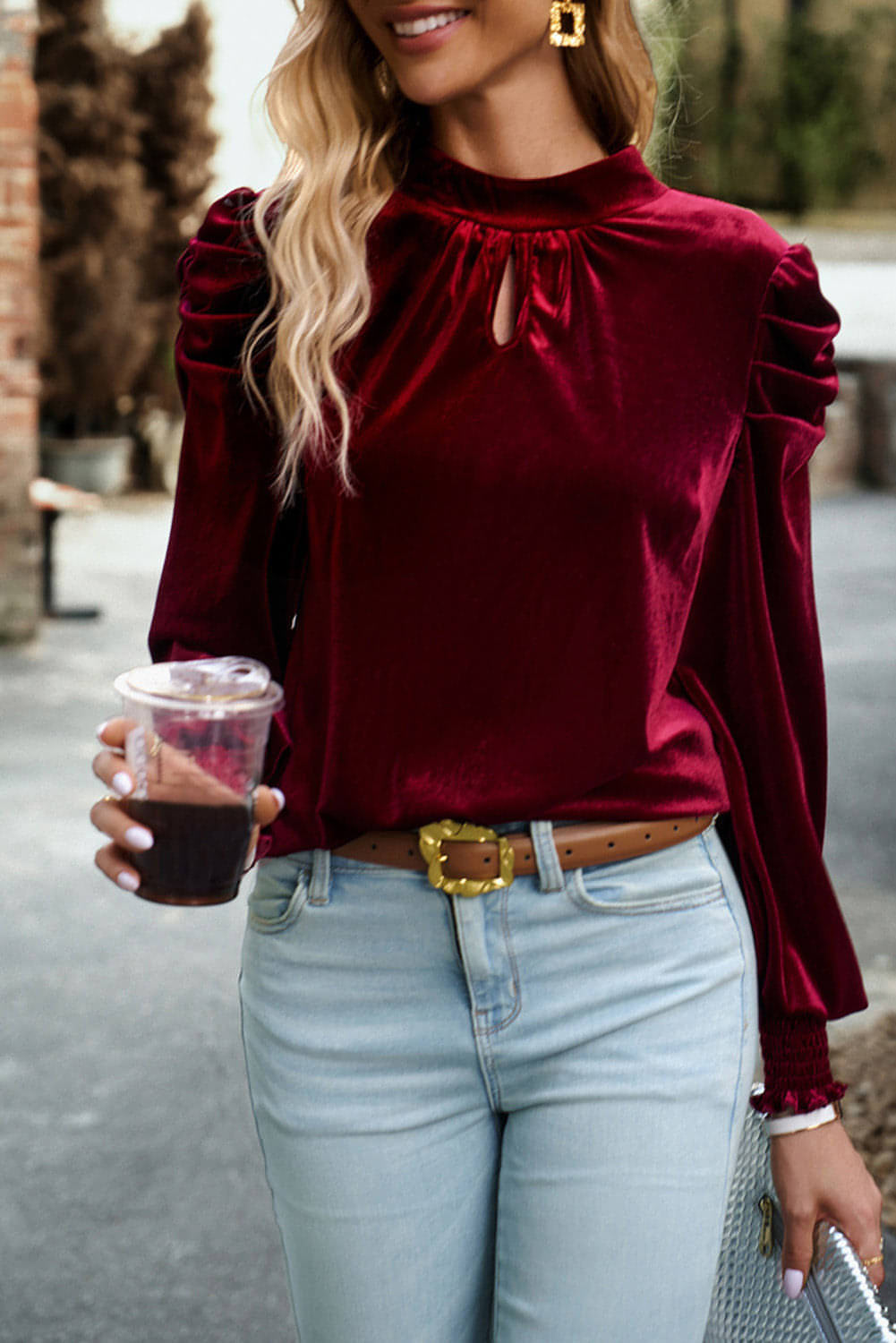 Fiery Red Mock Neck Puff Sleeve Velvet Blouse - Great Hall Collections House