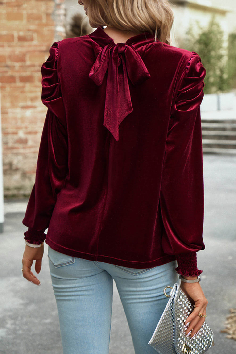 Fiery Red Mock Neck Puff Sleeve Velvet Blouse - Great Hall Collections House