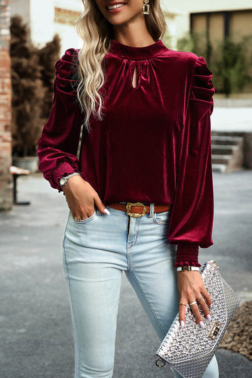 Fiery Red Mock Neck Puff Sleeve Velvet Blouse - Great Hall Collections House