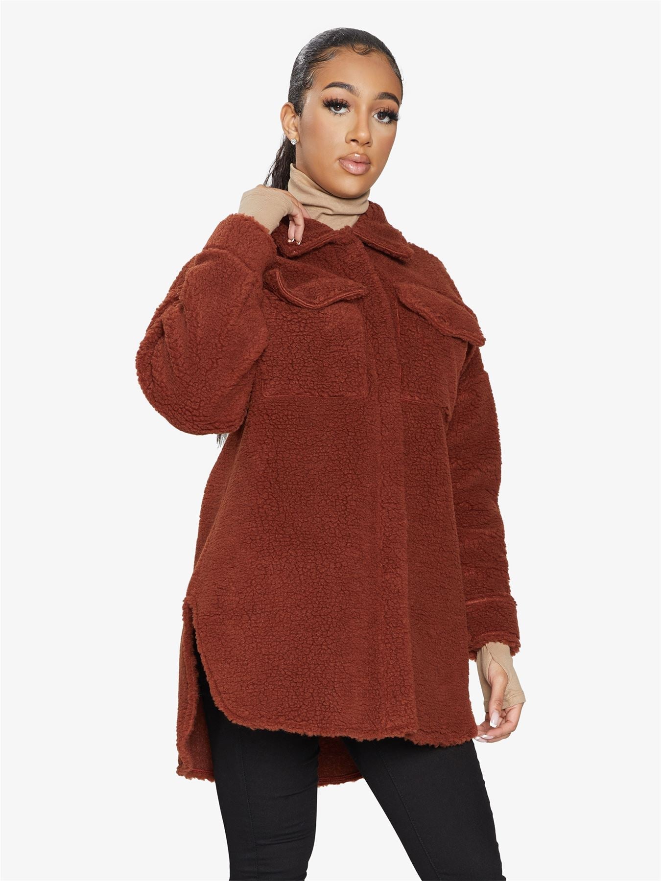 Oversized Stud Button Borg Teddy Shacket            made in UK - Great Hall Collections House