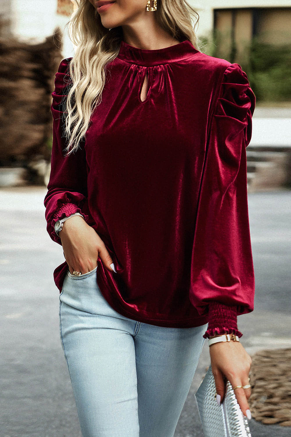 Fiery Red Mock Neck Puff Sleeve Velvet Blouse - Great Hall Collections House