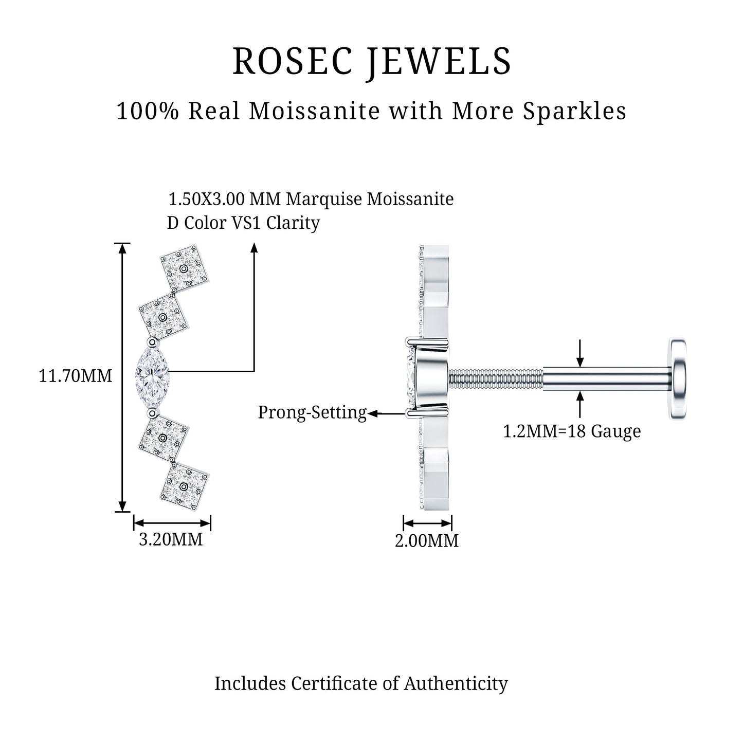 Certified Moissanite Curved Helix Piercing Earring