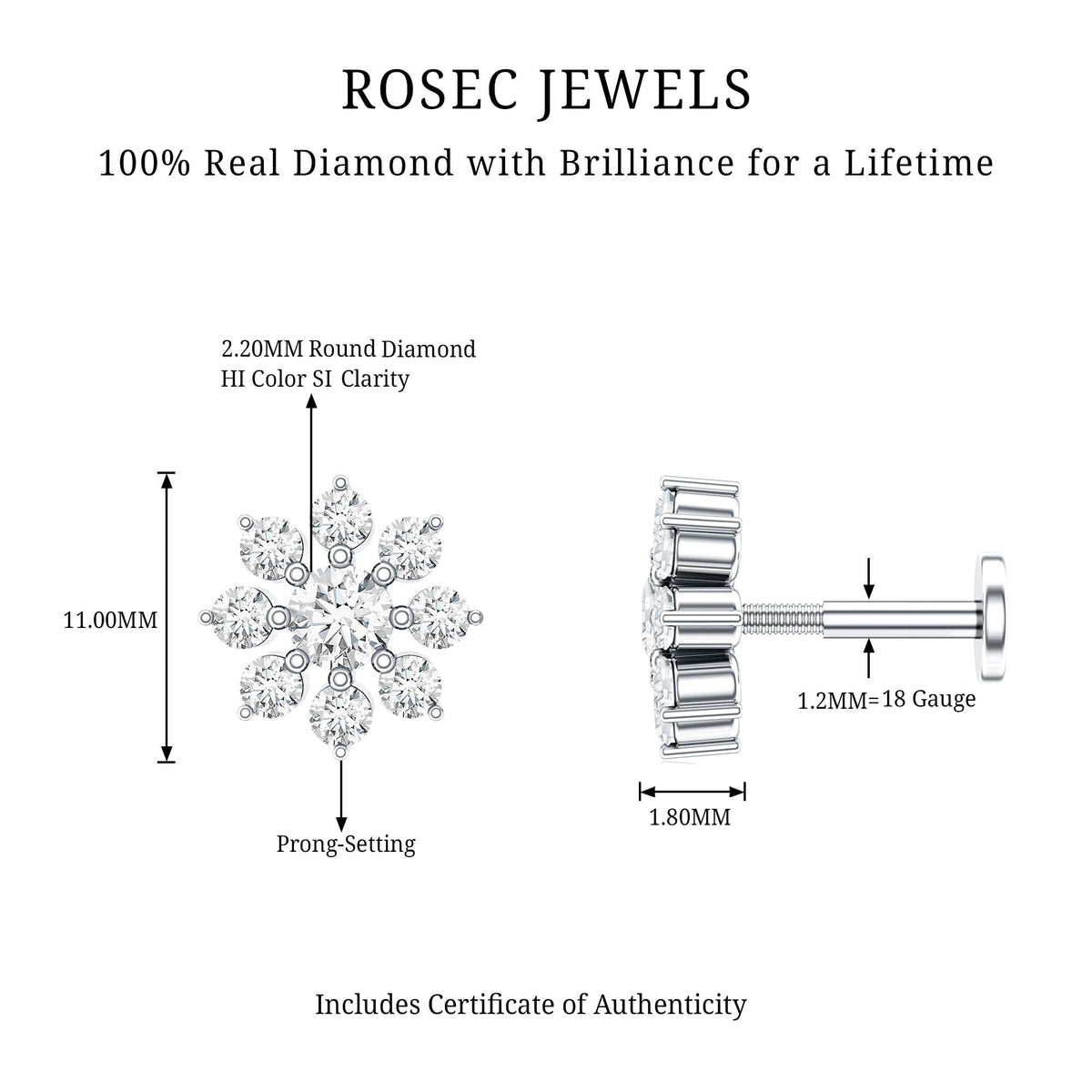 Sparkling Diamond Flower Cartilage Earring with Flat Back