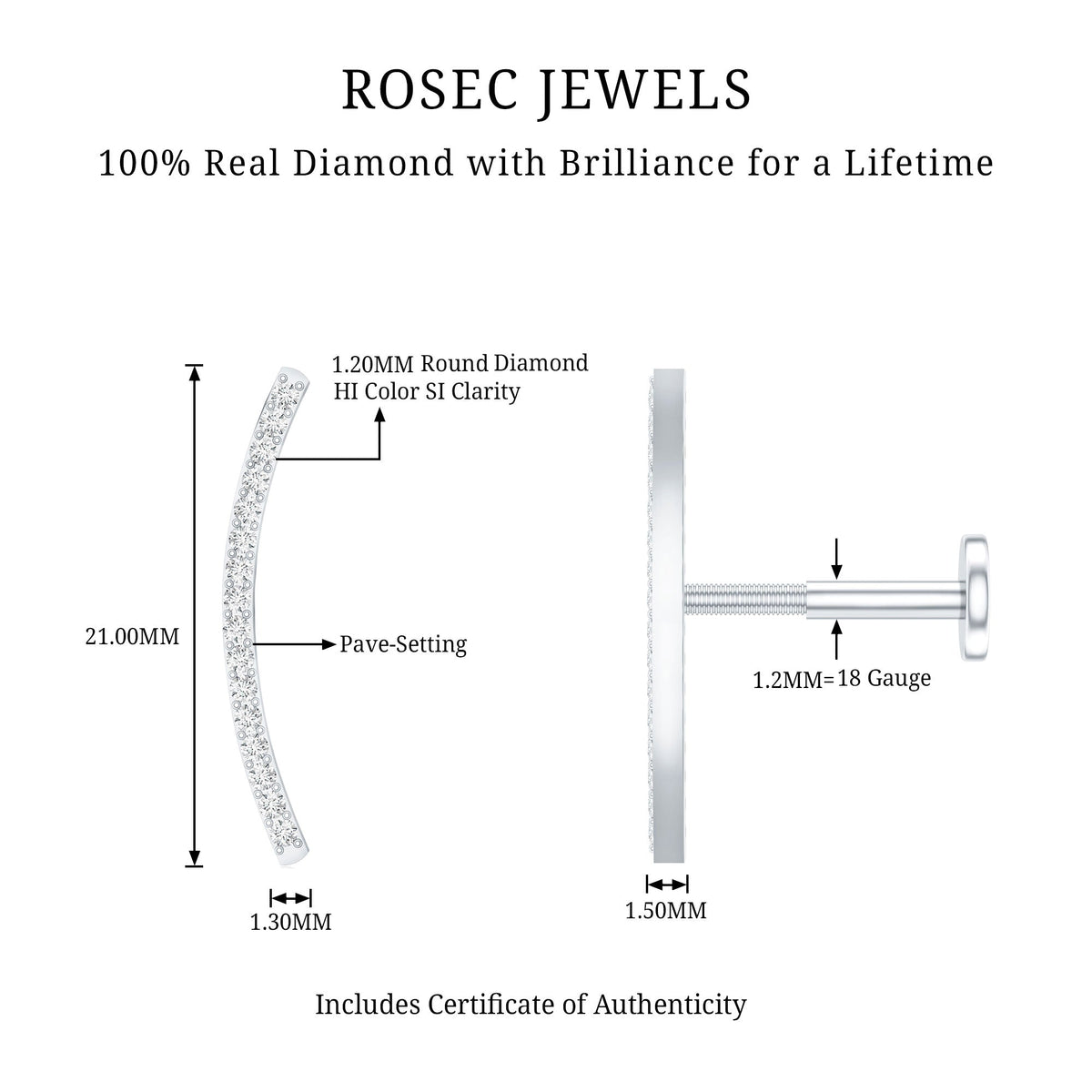 Pave Set Diamond Curved Bar Earring for Cartilage Piercing