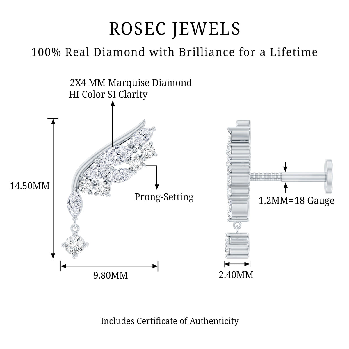 Brilliant Cut Diamond Wing Helix Drop Earring with Flat Back