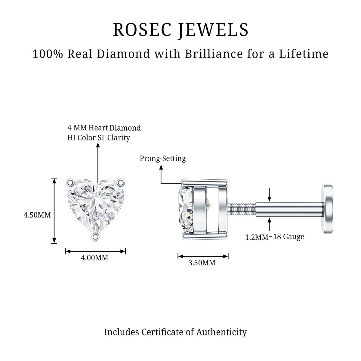 Solitaire Diamond Heart Earring with Flat Back