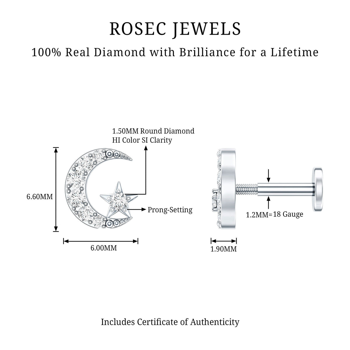 Certified Diamond Crescent Moon Helix Earring with Star