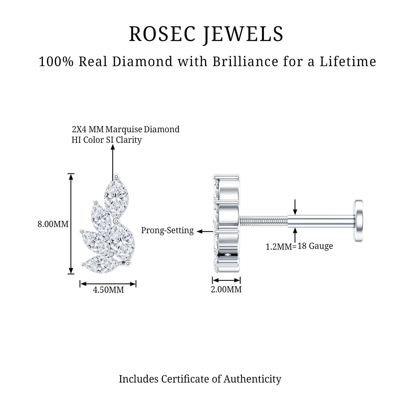 Nature Inspired Marquise Diamond Cluster Earring for Helix