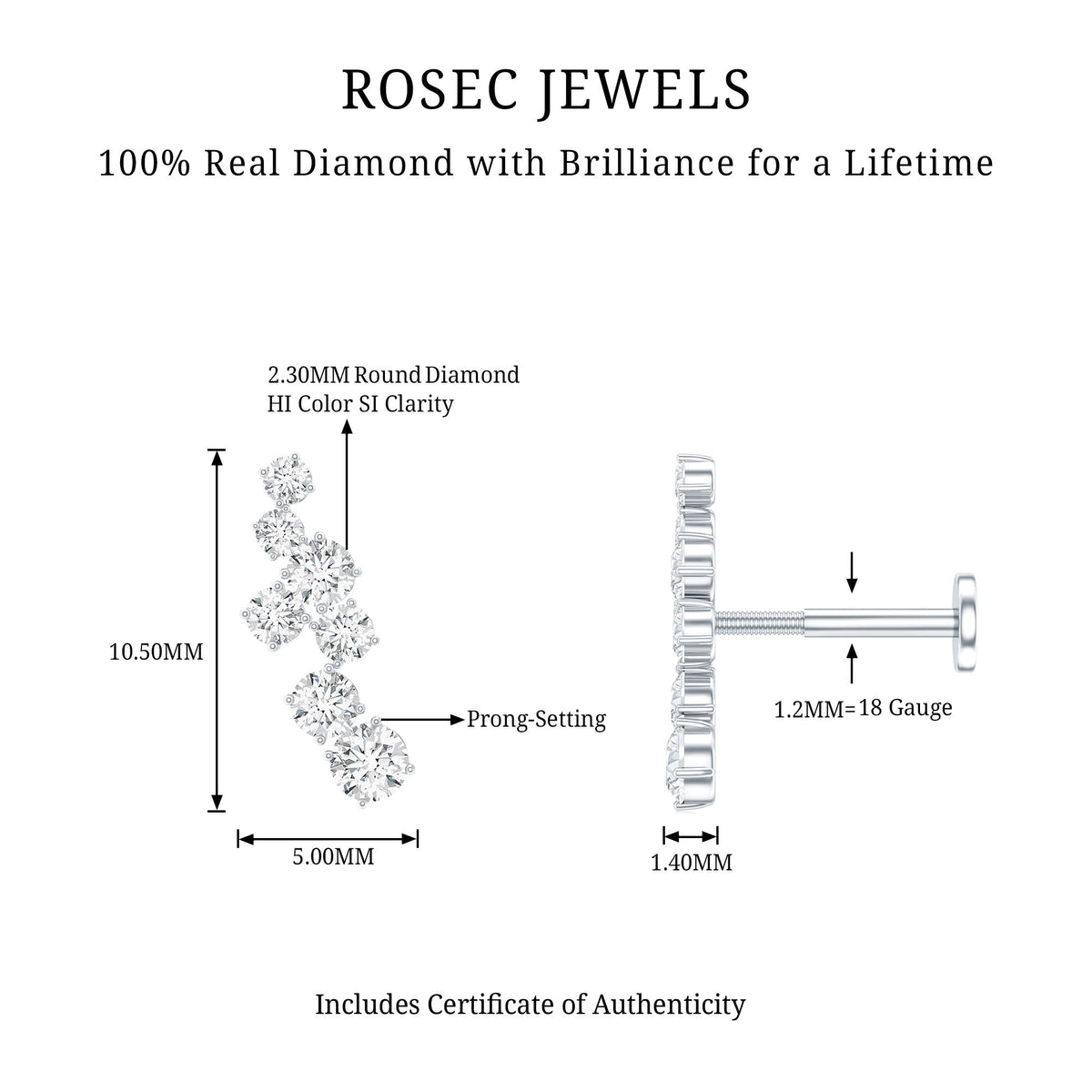 Simple Diamond Helix Piercing Earring with Flat Back