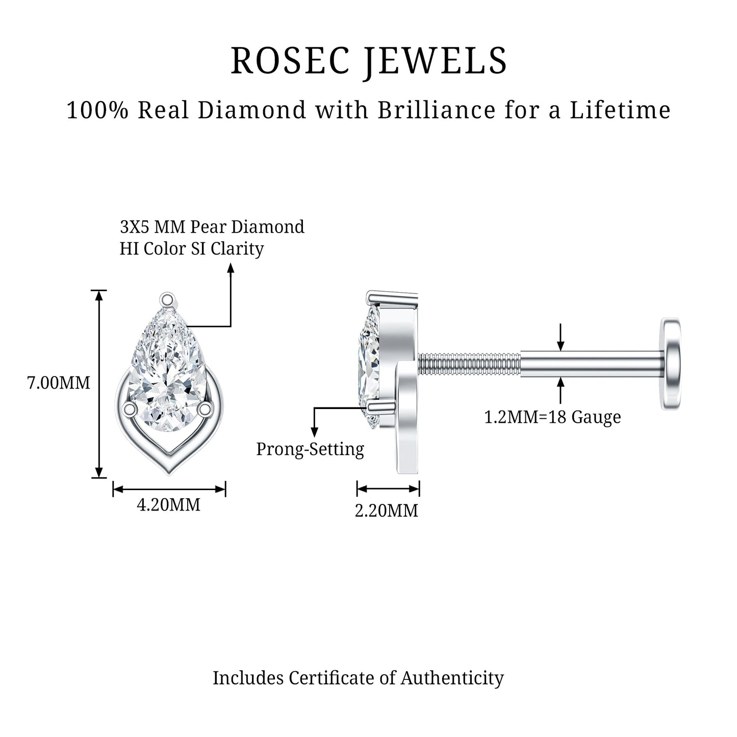 Pear Shape Diamond Solitaire Earring for Helix Piercing