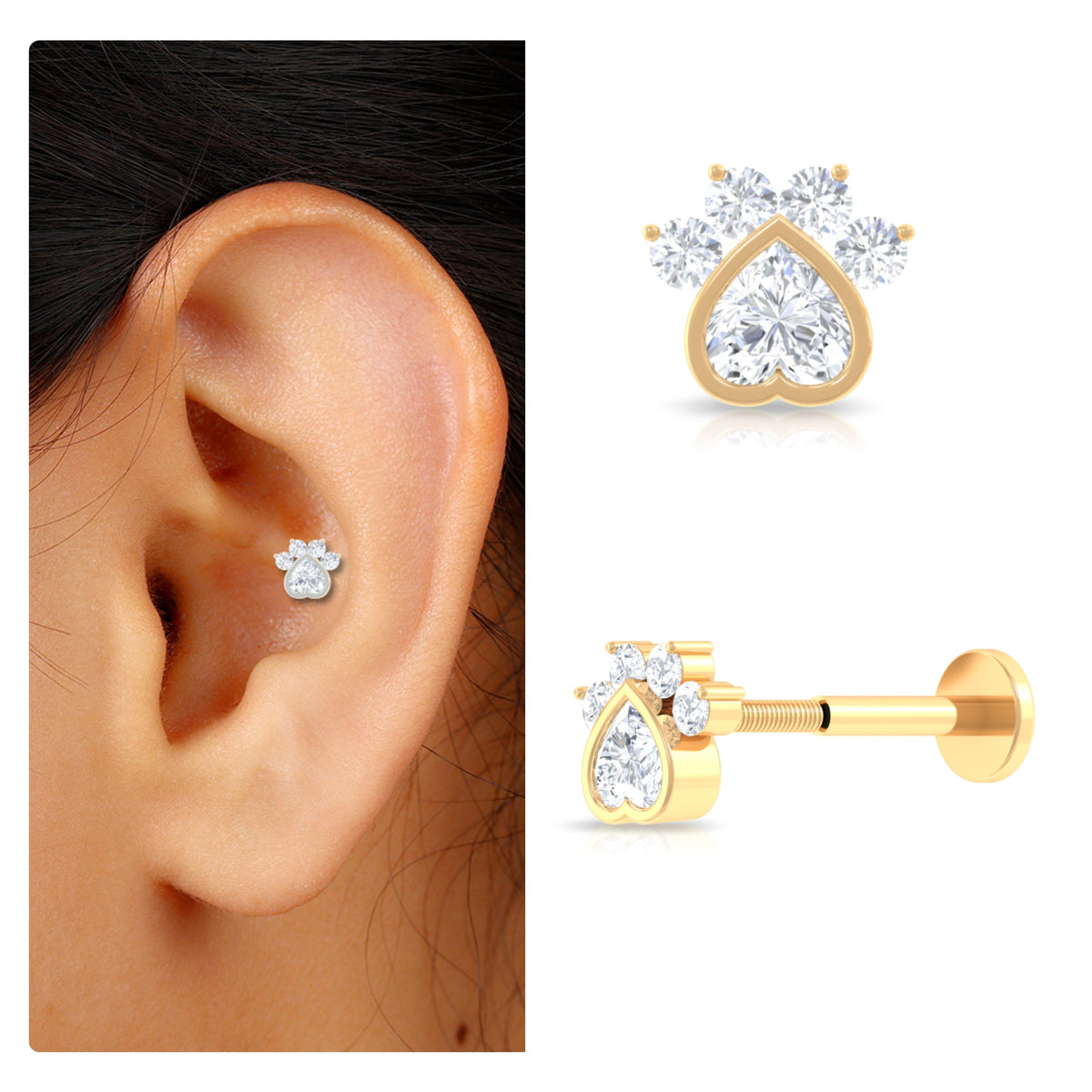 Heart Shape Diamond Dog Paw Print Earring