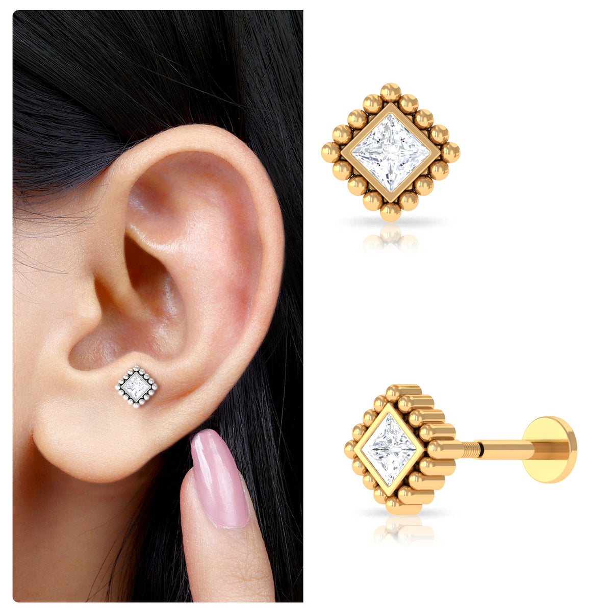 Princess Cut Diamond Solitaire Earring in Beaded Bezel Setting