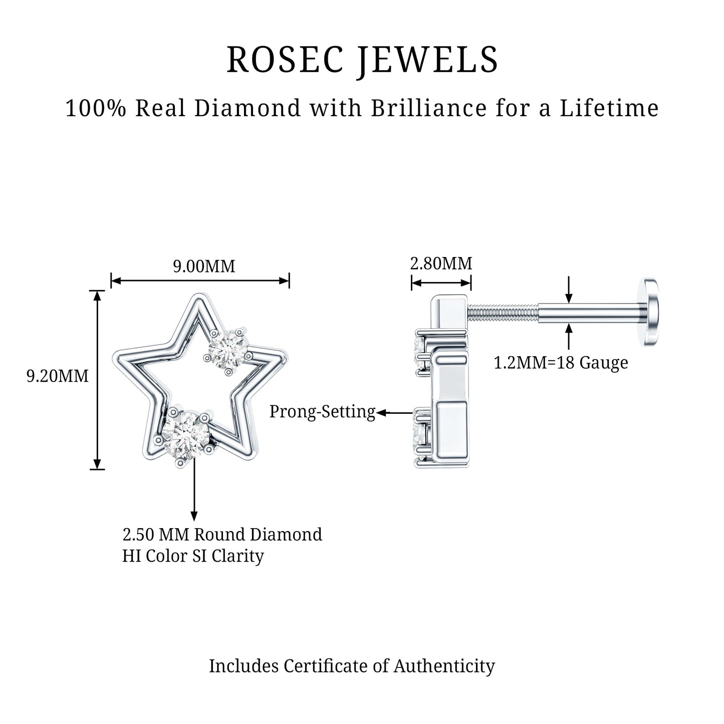 Certified Diamond Star Earring for Upper Lobe Piercing