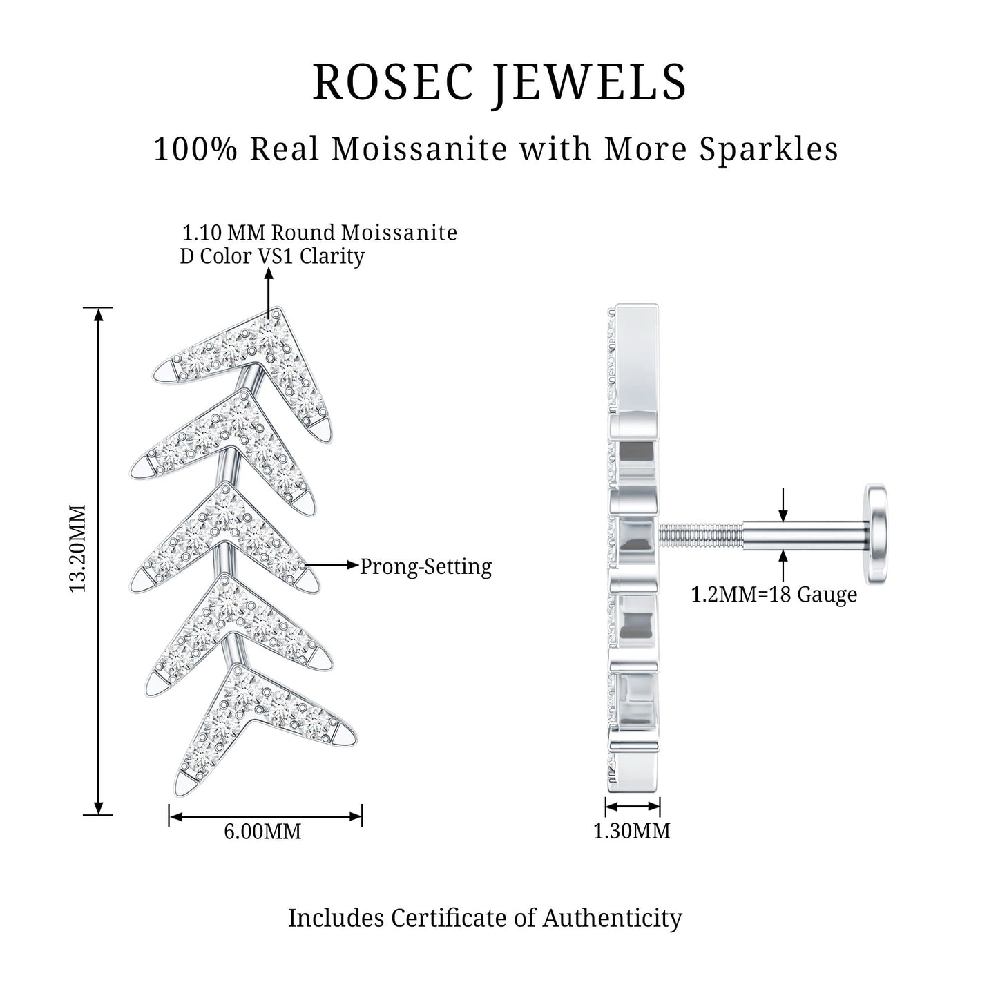 Certified Moissanite Leaf Crawler Earring for Helix Piercing