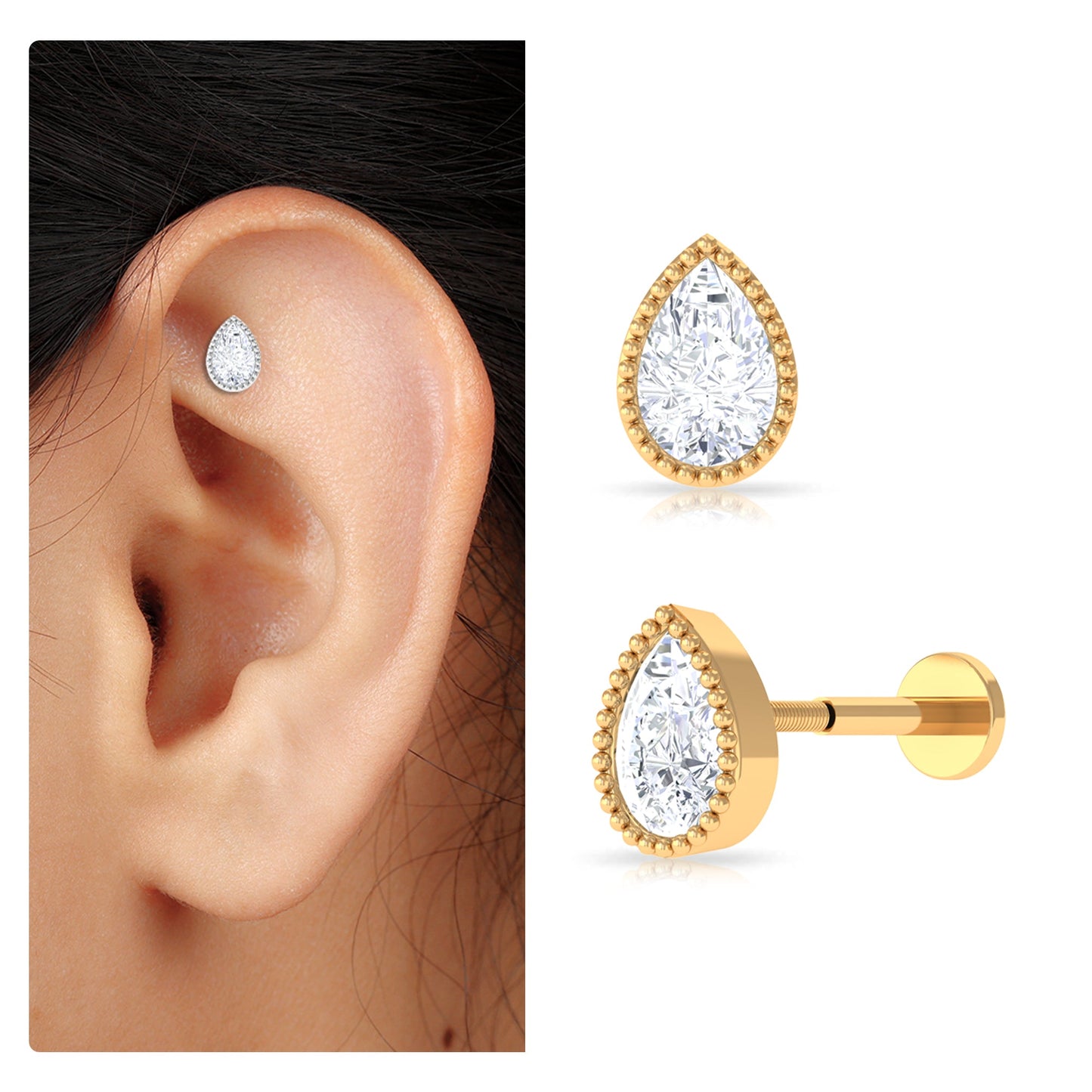Pear Moissanite Helix Solitaire Earring in Beaded Bezel Setting