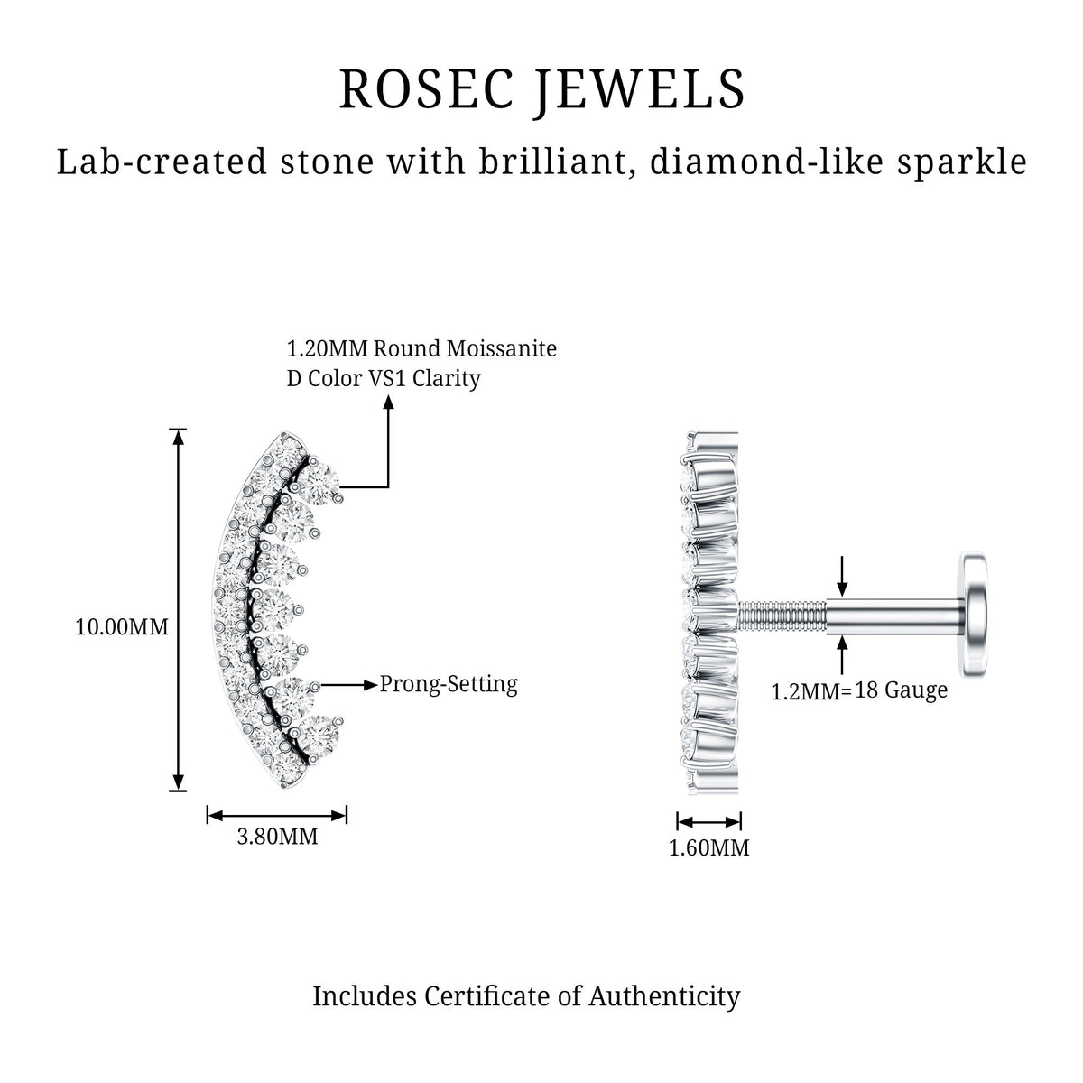 Certified Moissanite Curved Earring for Cartilage Piercing