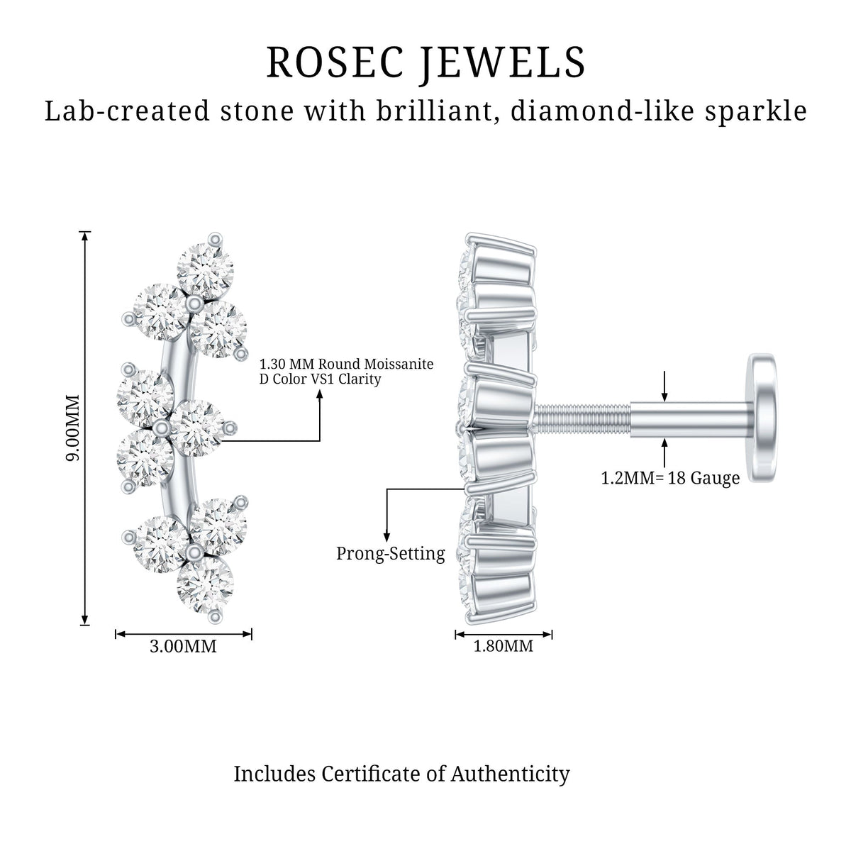 Unique Moissanite Cartilage Climber Earring