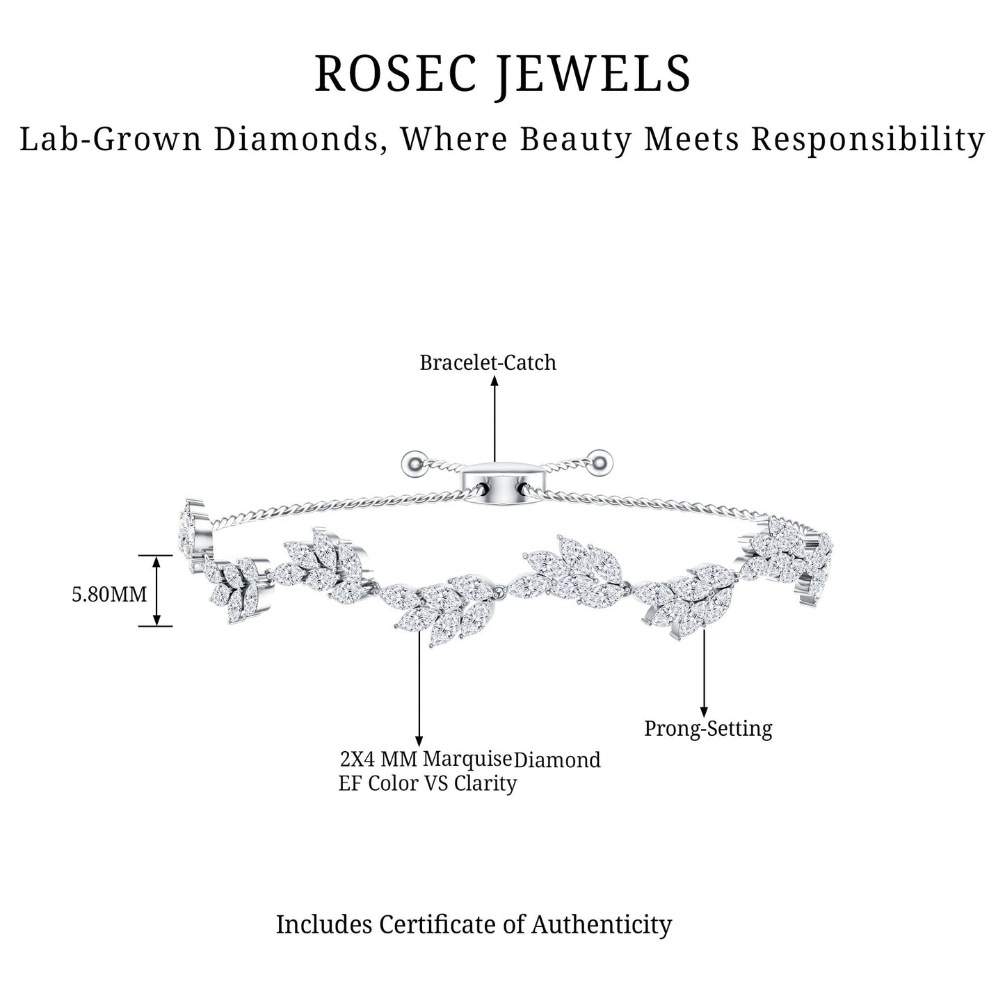 Certified Lab Grown Diamond Leaf Bolo Bracelet Adjustable