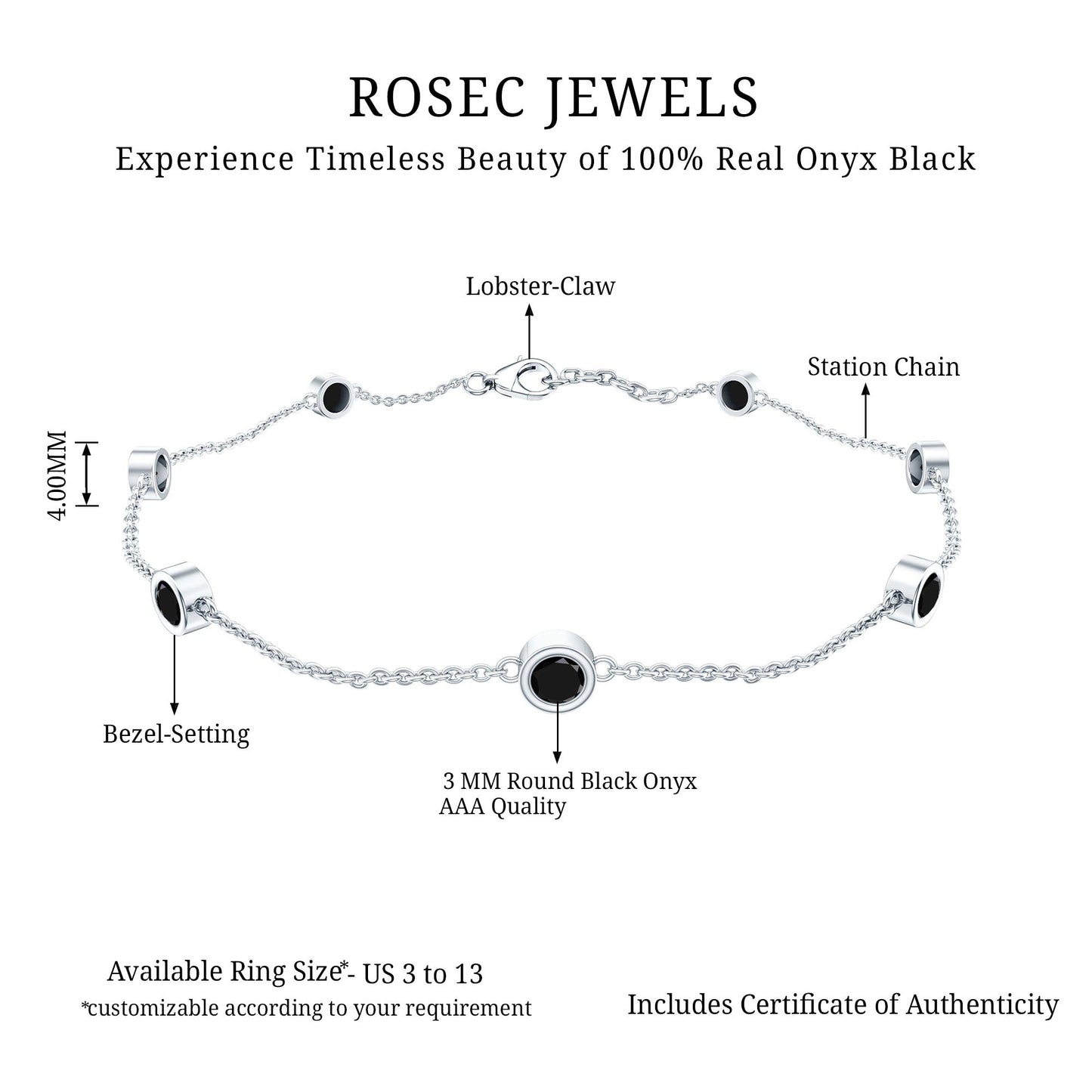Bezel Set Black Onyx Seven Stone Station Chain Bracelet