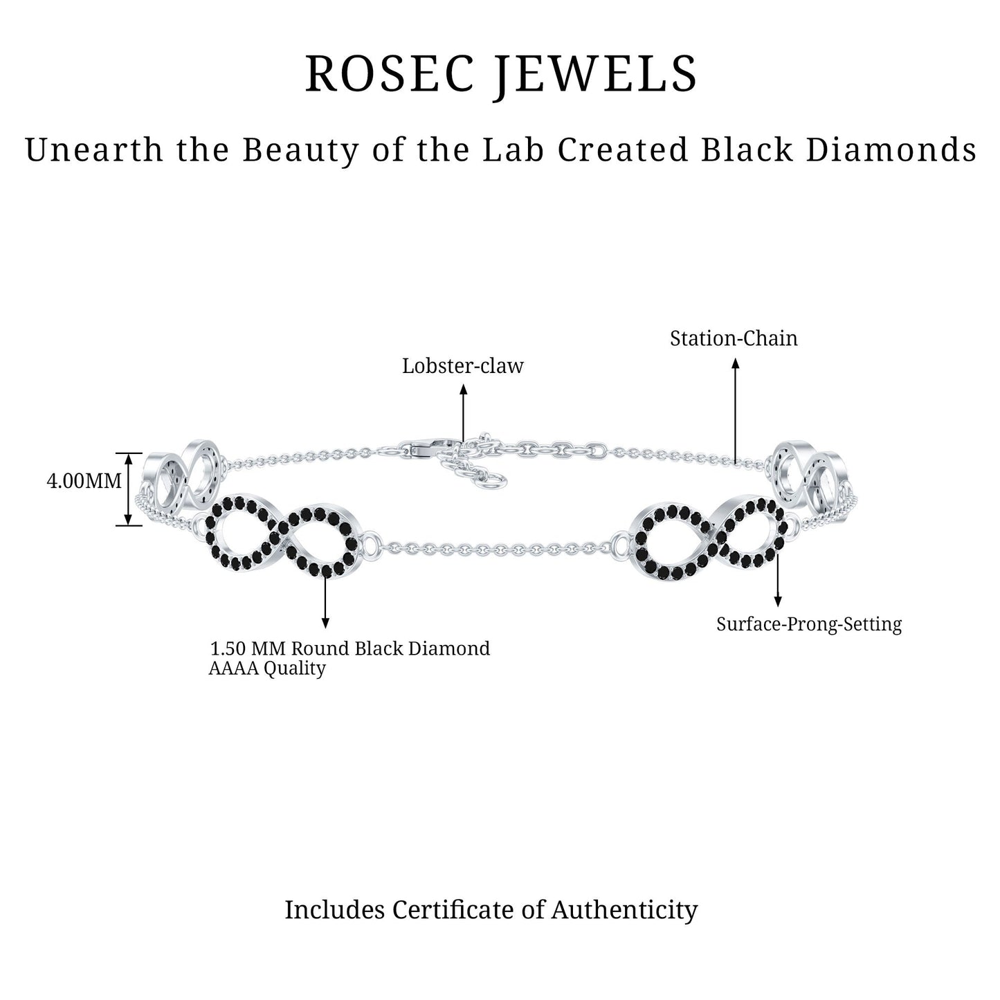 Certified Lab Grown Black Diamond Infinity Chain Bracelet