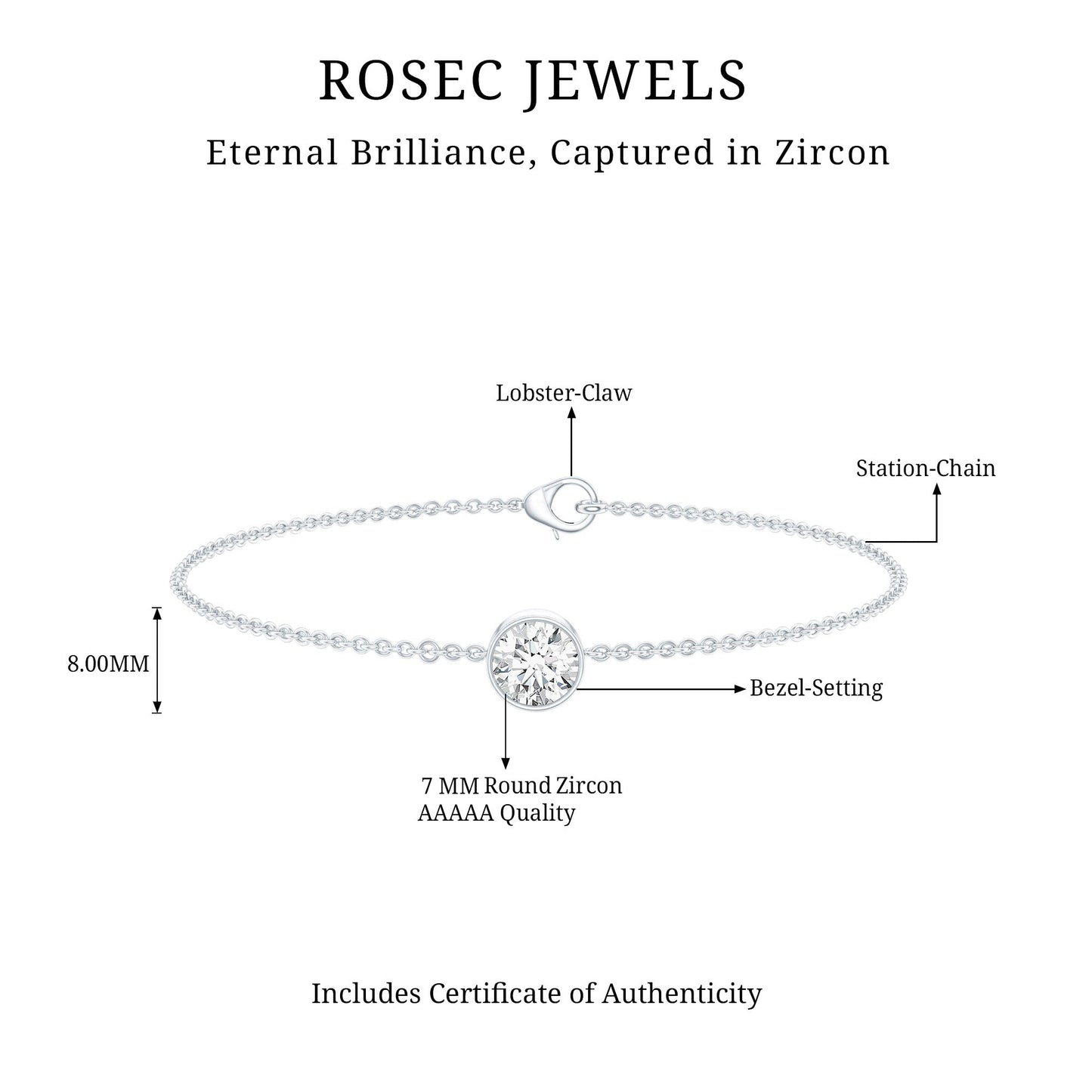 Bezel Set 1.3 Carat CZ Diamond Solitaire Chain Bracelet