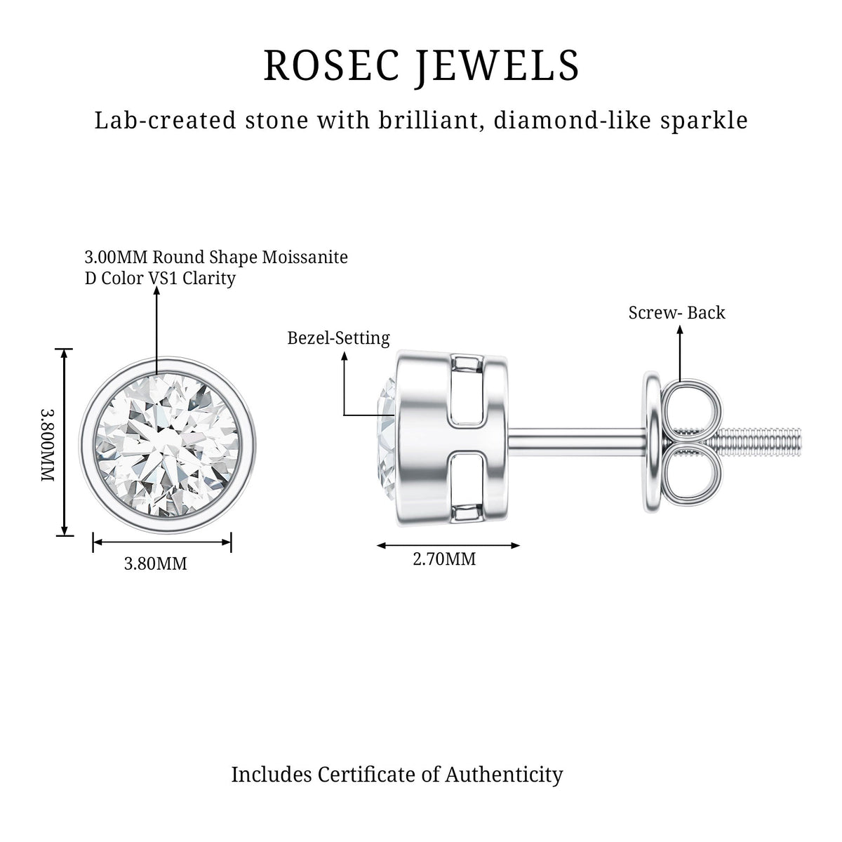 Dainty Moissanite Solitaire Stud Earrings in Bezel Setting