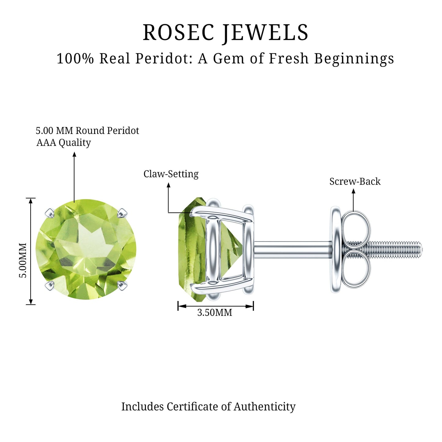 Natural 1 Carat Peridot Stud Earrings with Screw Back