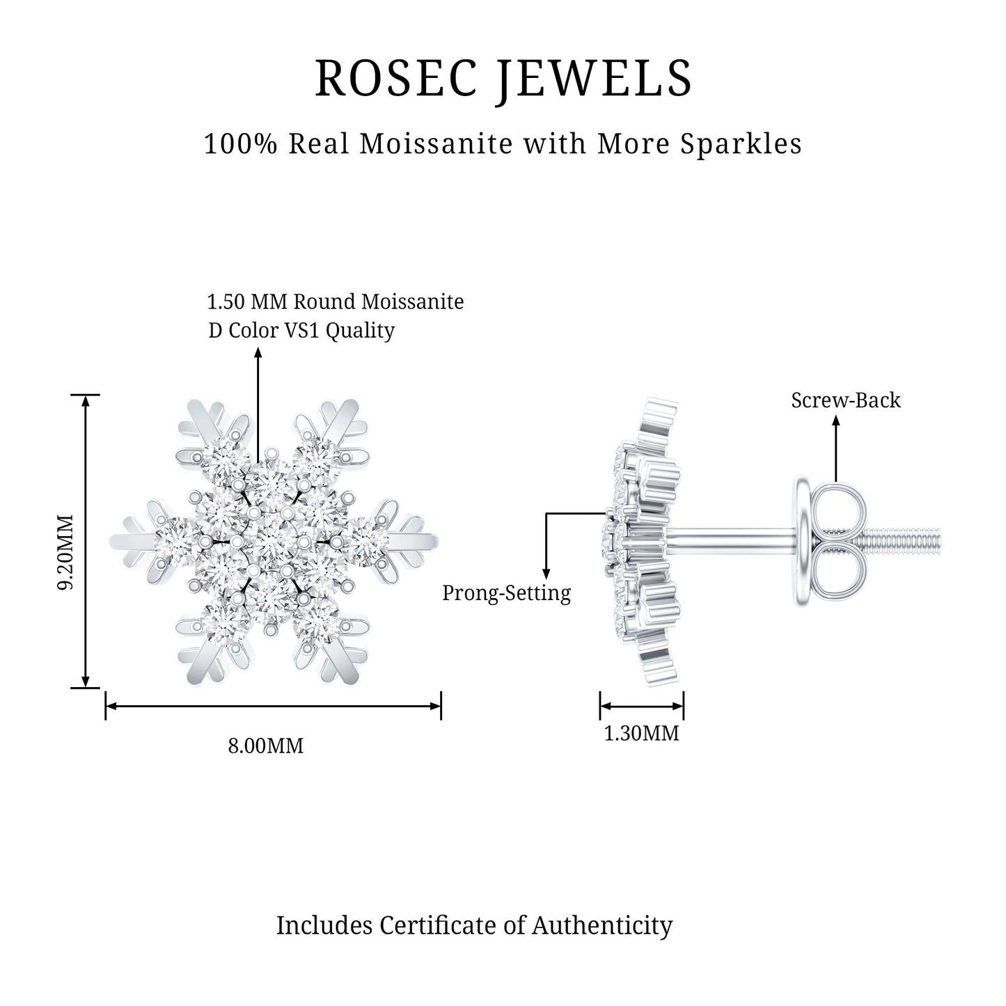 Certified Moissanite Winter Snowflake Stud Earrings