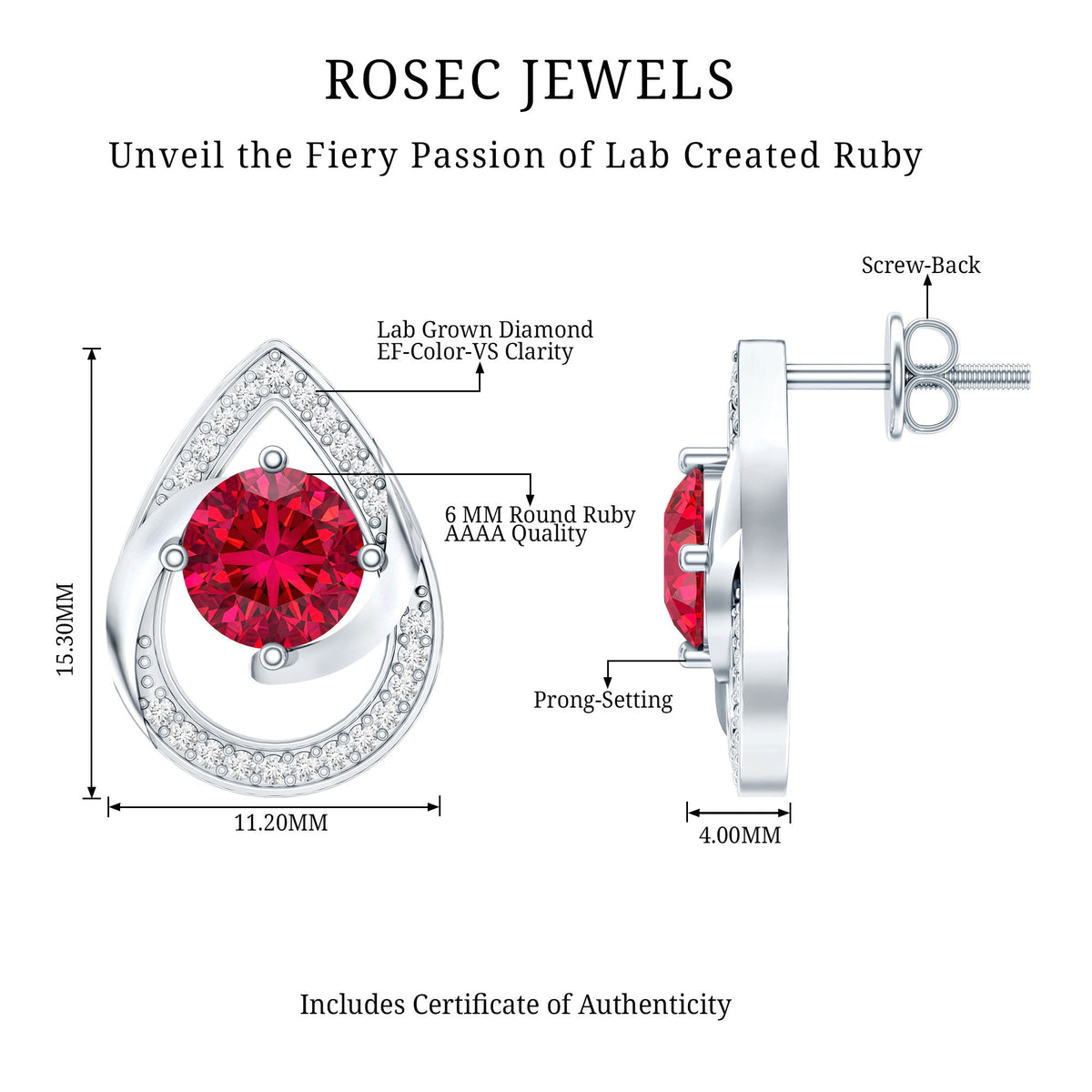 Lab Grown Ruby Teardrop Stud Earrings With Diamond