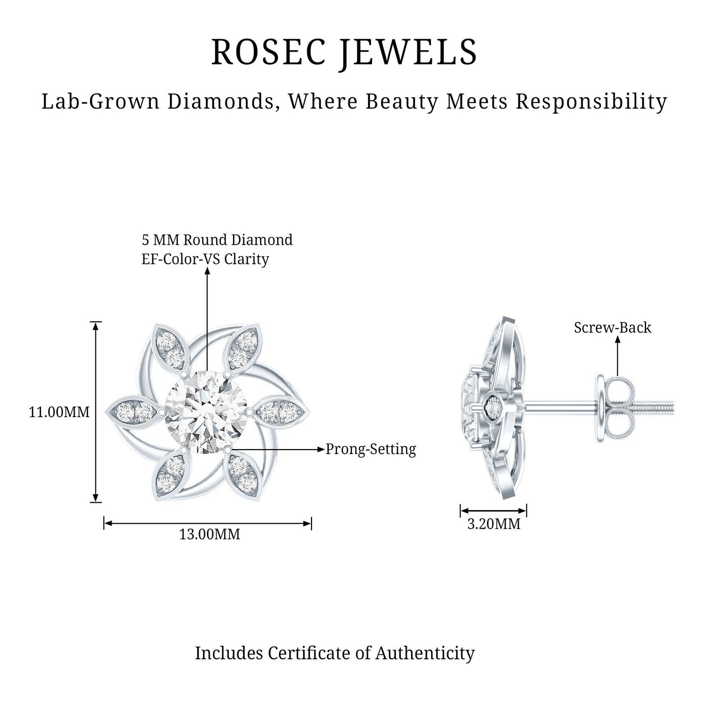 Certified Lab Grown Diamond Flower Stud Earrings With Screw Back