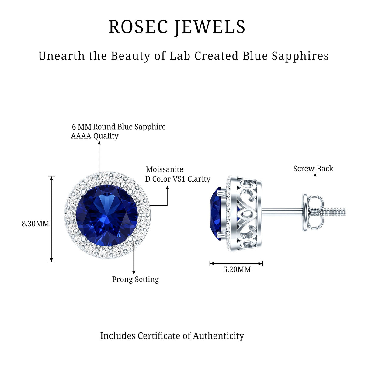 Certified 2 Carat Lab Grown Blue Sapphire Stud Earrings With Moissanite Halo