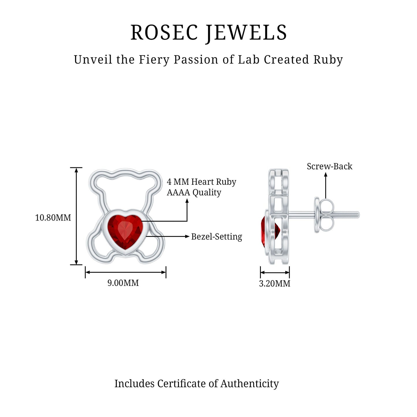 Certified Lab Created Ruby Teddy Bear Stud Earrings