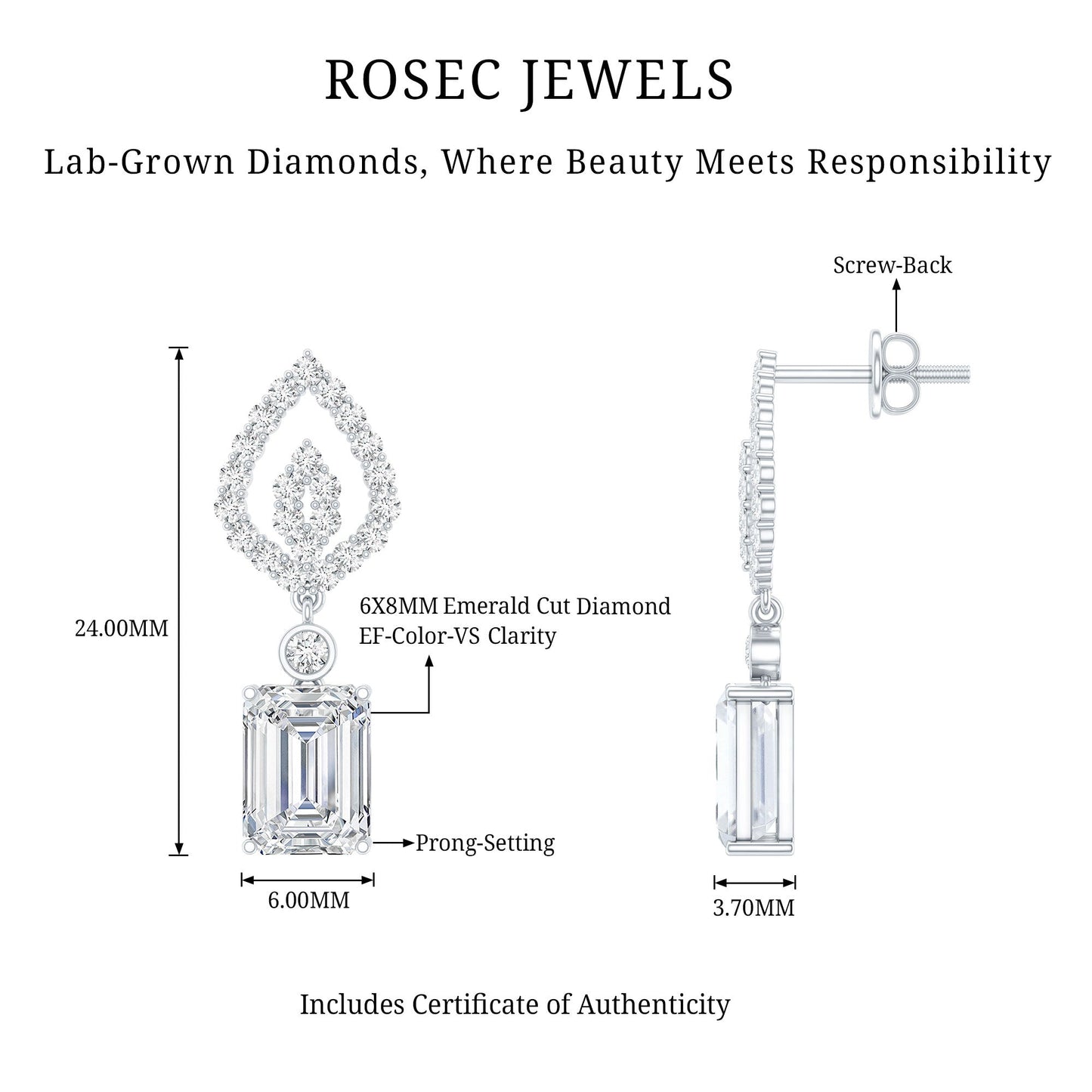 Emerald Cut Lab Grown Diamond Art Deco Drop Earrings