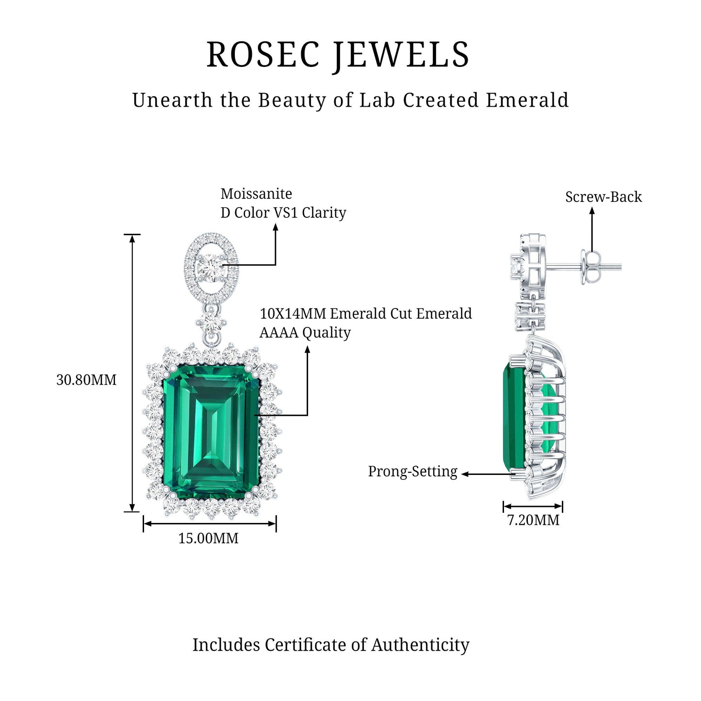 Certified 16 Carat Lab Grown Emerald Vintage Bridal Earrings in Silver