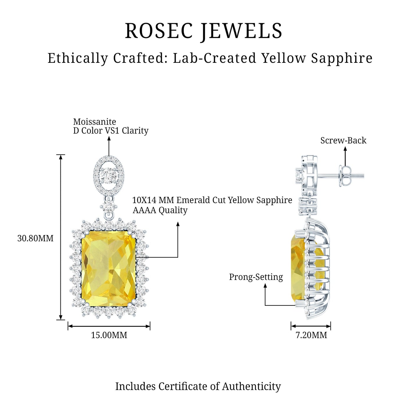 AAAA Quality 18 Carat Lab Grown Yellow Sapphire Emerald Cut Earrings in Silver