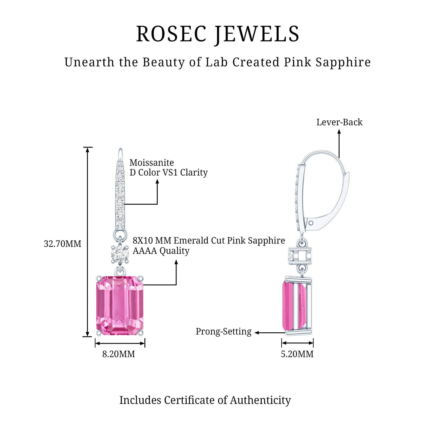 Certified 5.5 Carat Lab Grown Pink Sapphire Bridal Earrings in Silver