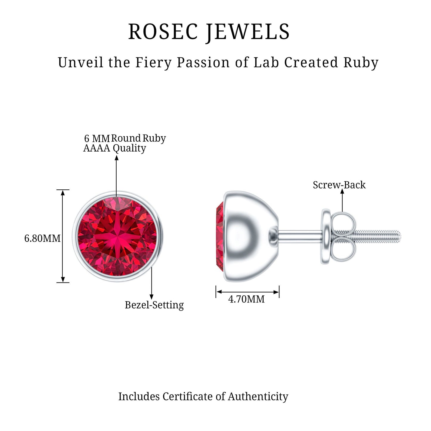 Lab Grown Ruby Solitaire Stud Earrings in Bezel Setting