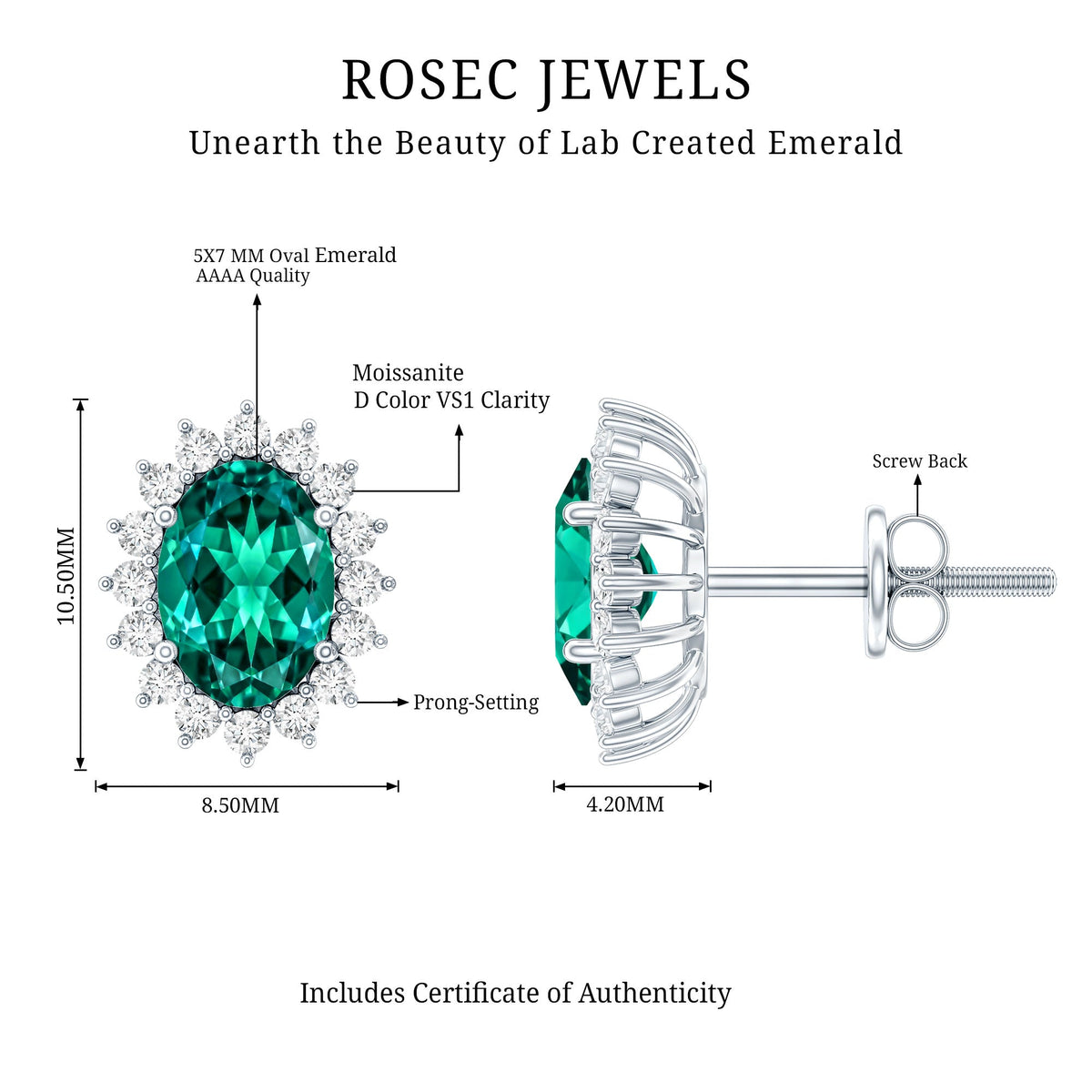 Lab Created Emerald Oval Stud Earrings with Moissanite Halo