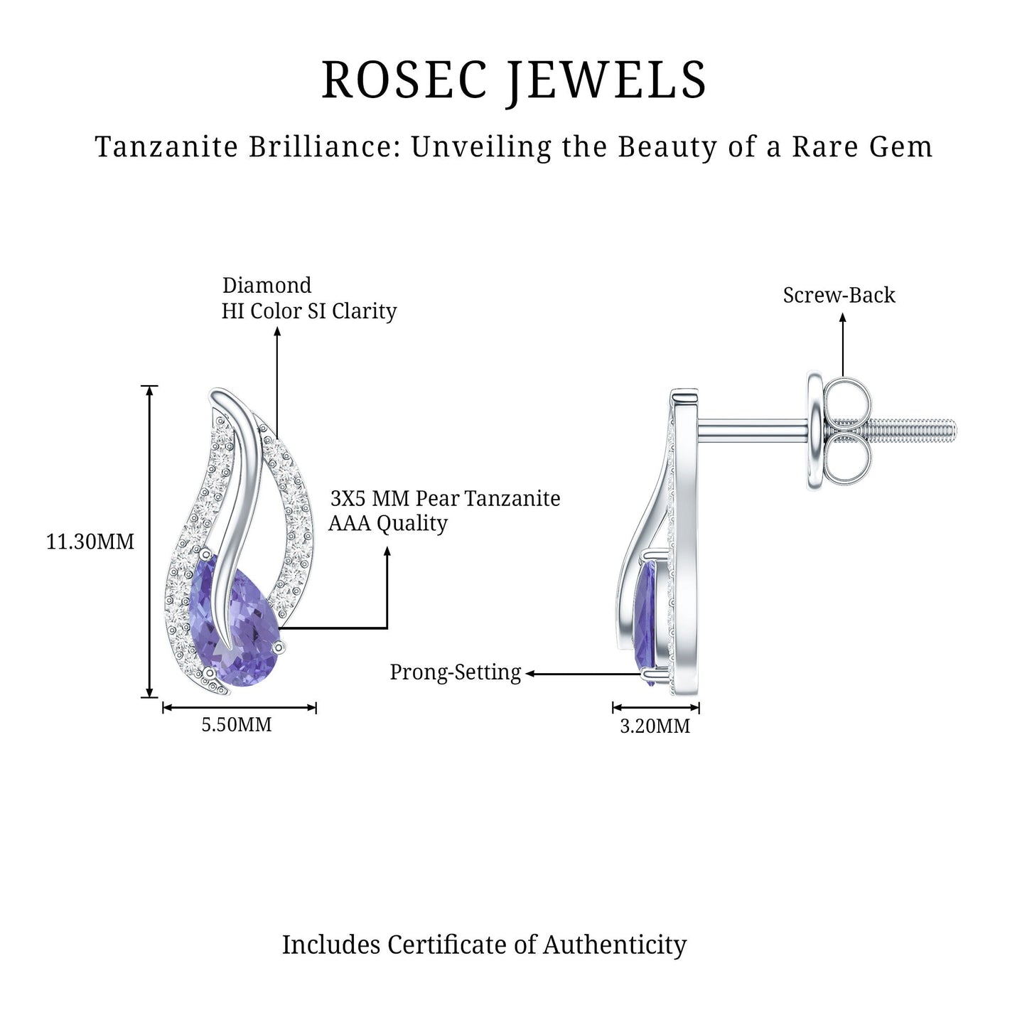 Pear Shape Tanzanite and Diamond Leaf Stud Earrings