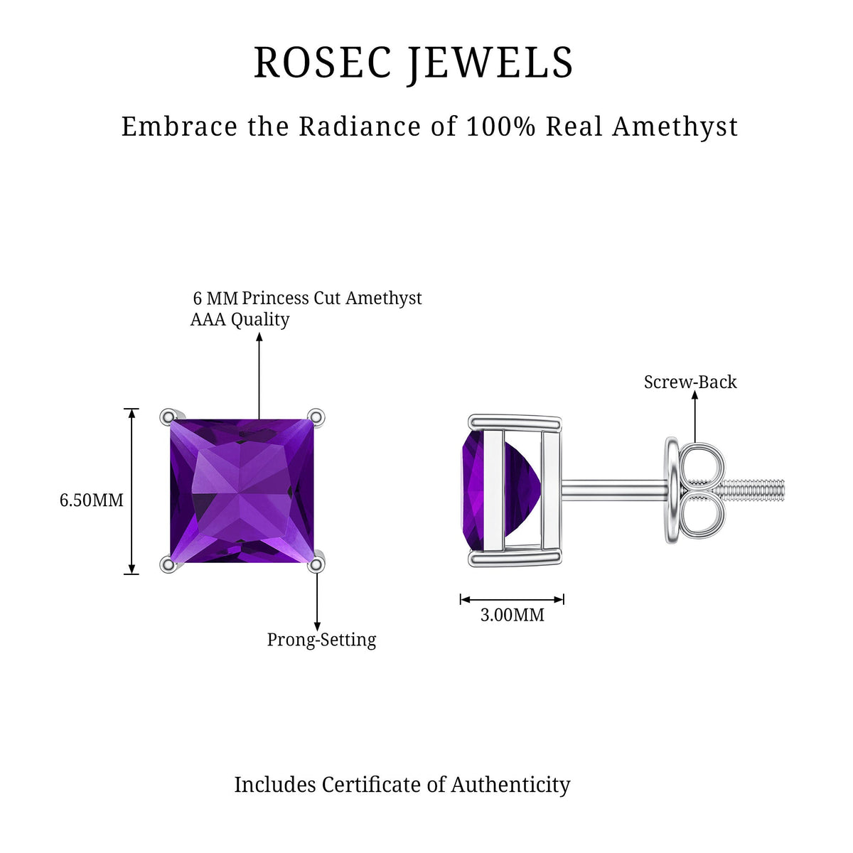Natural Amethyst Princess Cut Earrings with Screw Back