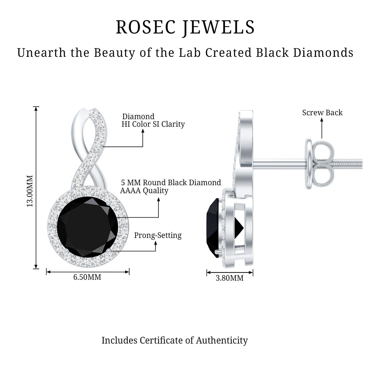 1.6 Carat Lab Grown Black and White Diamond Infinity Stud Earrings