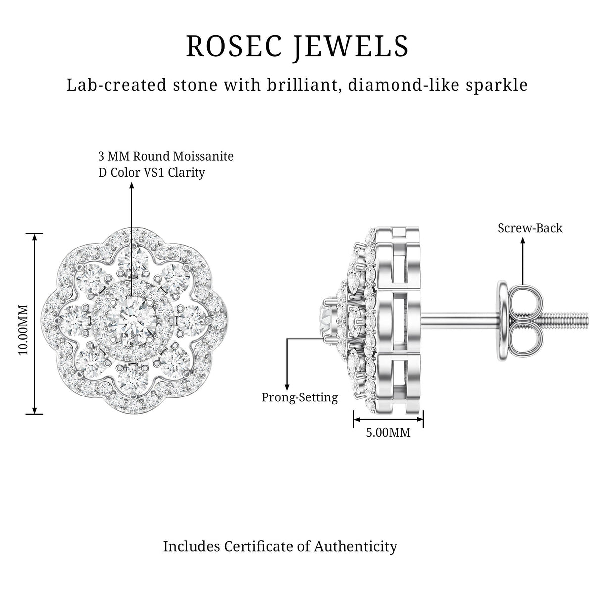 Certified Moissanite Big Flower Stud Earrings